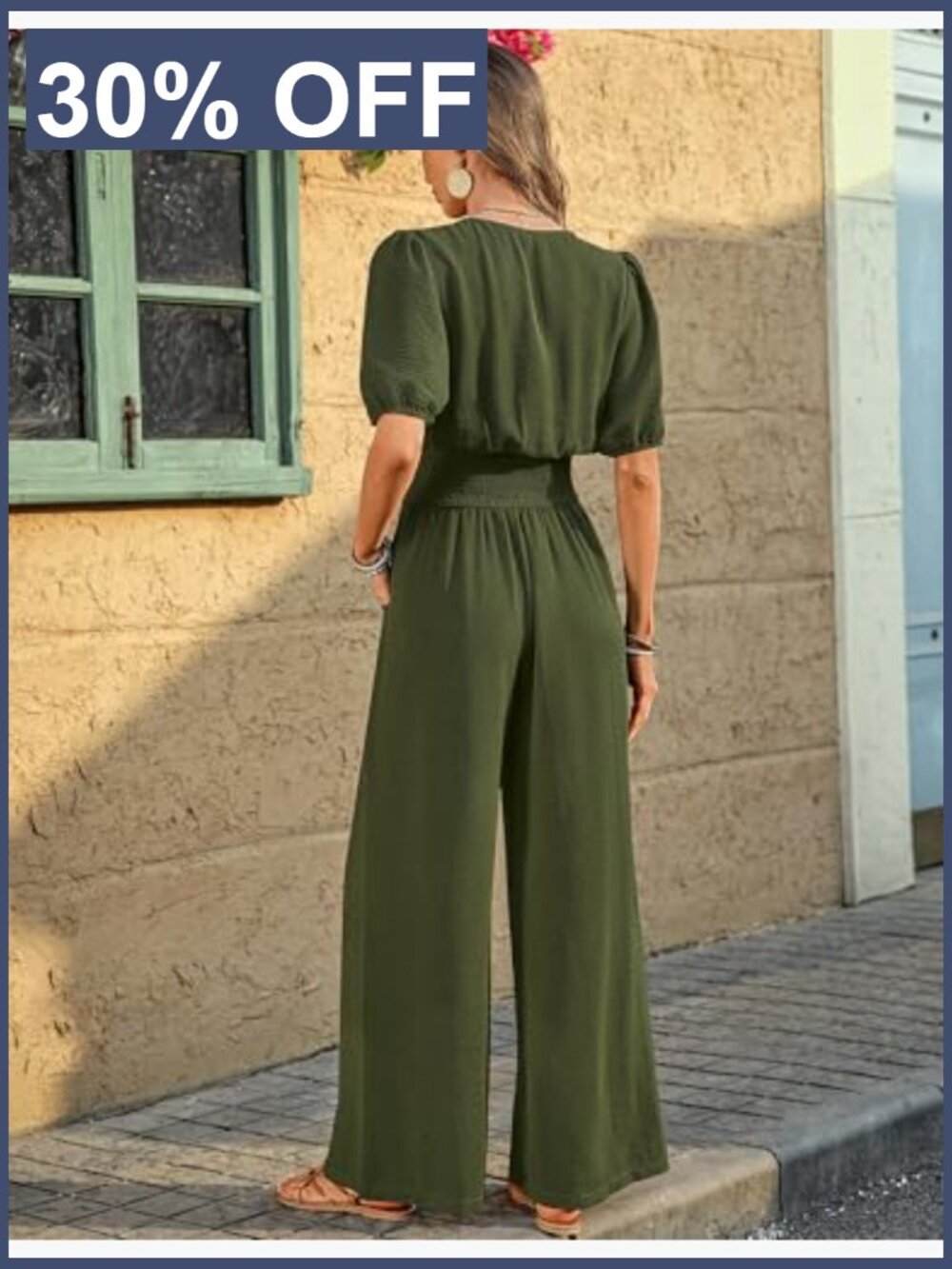 Short Sleeve V Neck Wide Leg Jumpsuit Romper One Piece Outfit - Picture 3 of 7